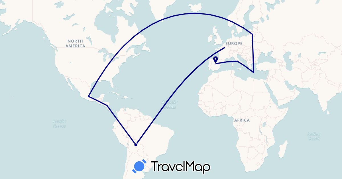 TravelMap itinerary: driving in Bolivia, Spain, France, Greece, Italy, Lithuania, Mexico, Nicaragua (Europe, North America, South America)